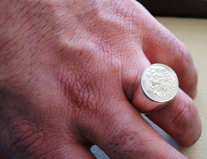 English silver coin heavy man ring round sterling silver 925 historical British replica quarter coin size close back all sizes jewelry