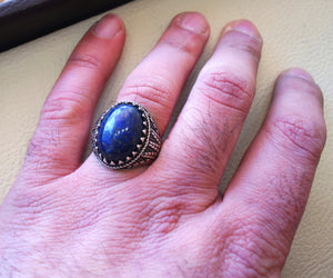 lapis lazuli oval cabochon natural dark blue stone man ring sterling silver 925 men jewelry all sizes 18 * 13 mm antique middle eastern