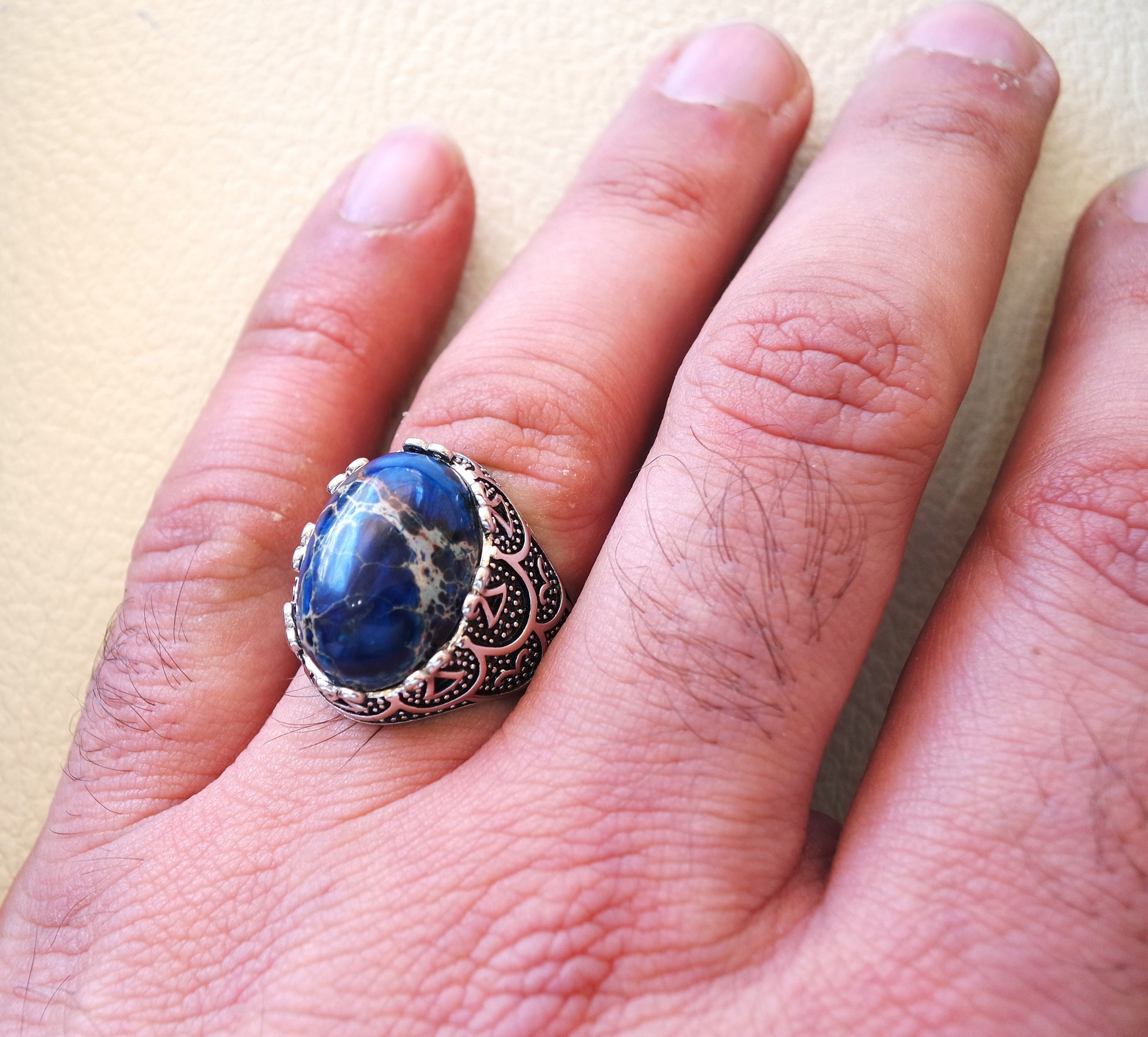 Dark blue sea sediment jasper men ring multi color black grey stone all sizes semi precious sterling silver 925 man antique jewelry