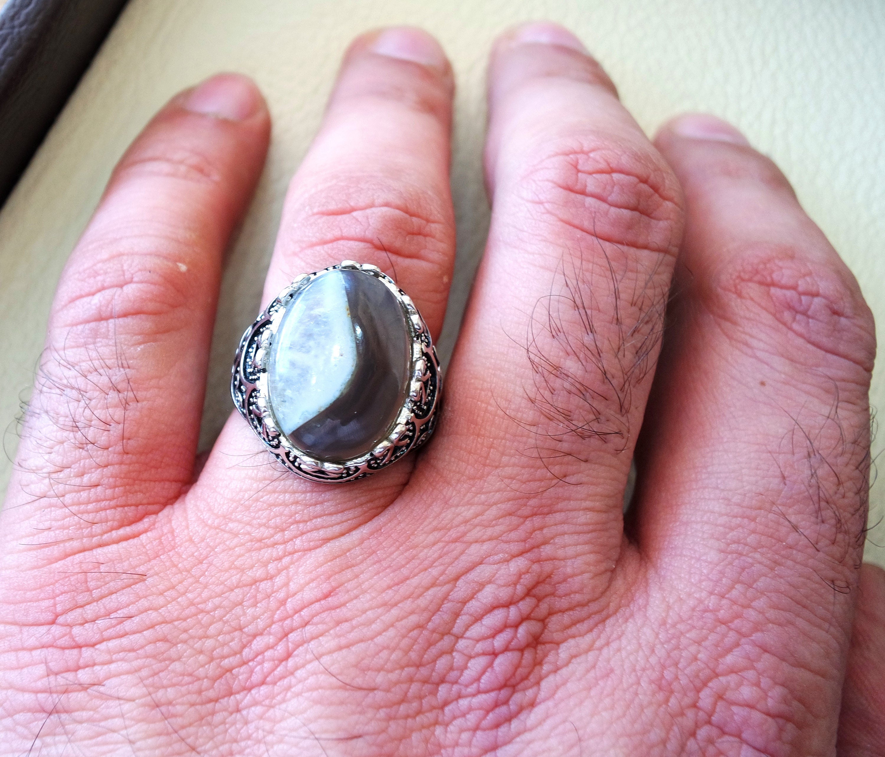 Botswana agate natural yamani semi precious two color high quality aqeeq stone men ring sterling silver 925 all sizes jewelry fast shipping