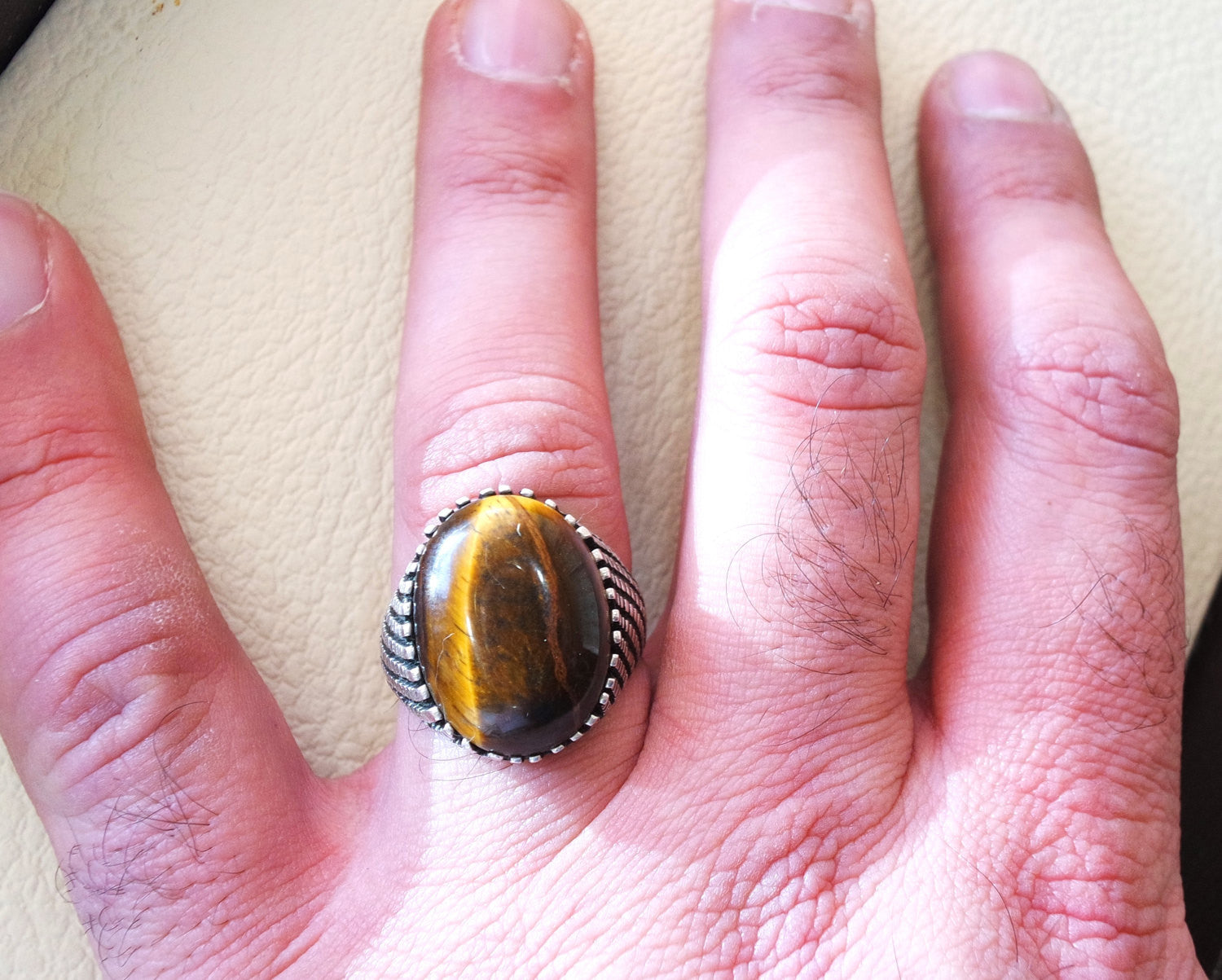 cat eye tiger eye semi precious naturl stone heavy men ring sterling silver 925 any size ottoman turkish middle eastern jewelry