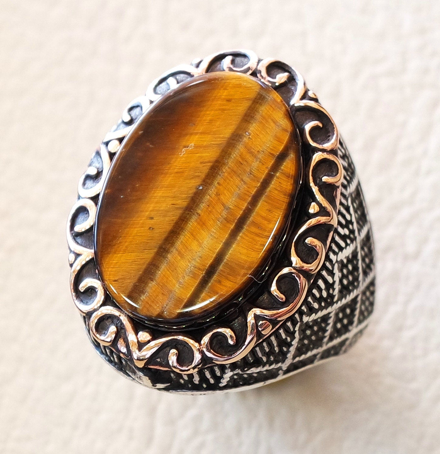 tiger eye semi precious natural flat stone men ring sterling silver 925 and bronze jewelry handmade arabic turkey ottoman style any size