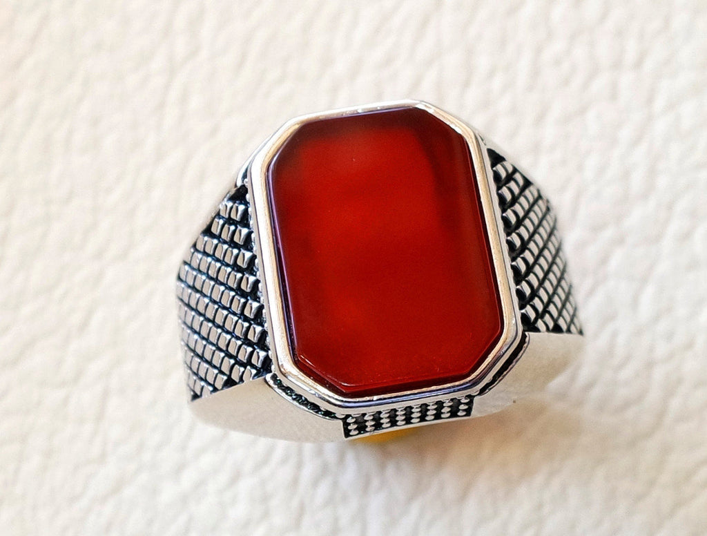 cushion rectangular octagon agate red aqeeq carnelian man ring sterling silver 925 natural stone gem all sizes jewelry fast shipping