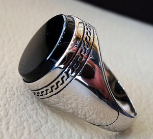 aqeeq natural agate onyx stone round black flat gem man ring high quality sterling silver arabic middle eastern turkey style fast shipping
