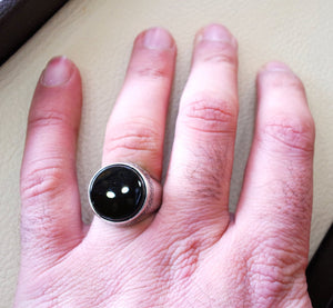 aqeeq natural agate onyx stone round black flat gem man ring high quality sterling silver arabic middle eastern turkey style fast shipping