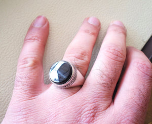 aqeeq natural agate onyx stone round black flat gem man ring high quality sterling silver arabic middle eastern turkey style fast shipping