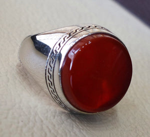 Aqeeq agate carnelian man ring sterling silver 925 red natural round flat semi precious all sizes fast shipping middle eastern jewelry
