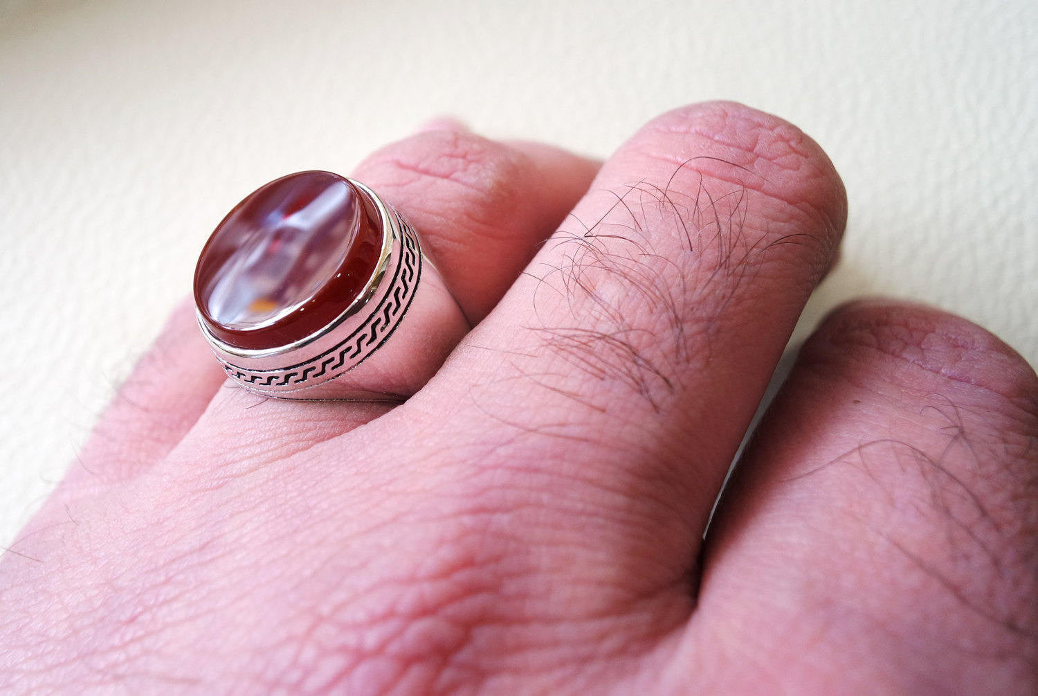 Aqeeq agate carnelian man ring sterling silver 925 red natural round flat semi precious  all sizes fast shipping middle eastern jewelry