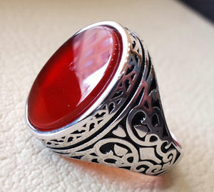 aqeeq natural flat agate carnelian semi precious stone oval red cabochon gem man ring sterling silver arabic middle eastern turkey style