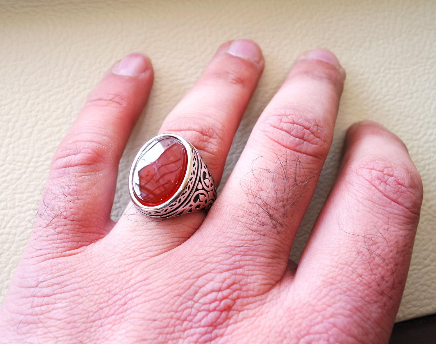 aqeeq natural flat agate carnelian semi precious stone oval red cabochon gem man ring sterling silver arabic middle eastern turkey style