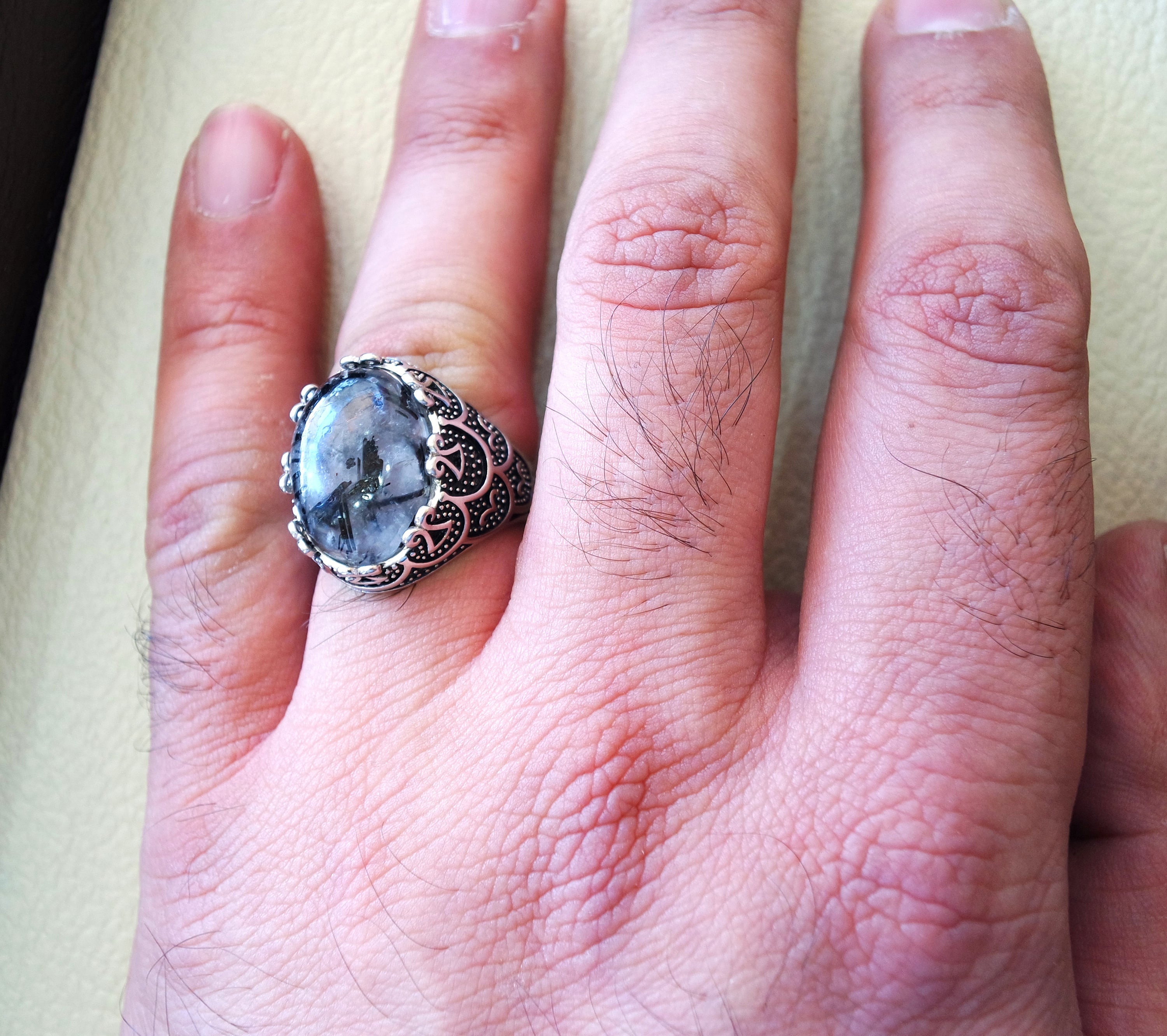 Black Rutile quartz natural stone semi precious oval sterling silver 925 man ring ottoman turkey middle eastern antique style any size