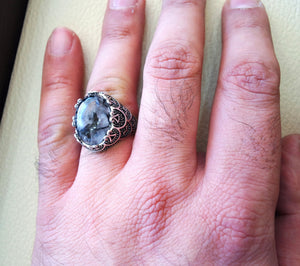 Black Rutile quartz natural stone semi precious oval sterling silver 925 man ring ottoman turkey middle eastern antique style any size