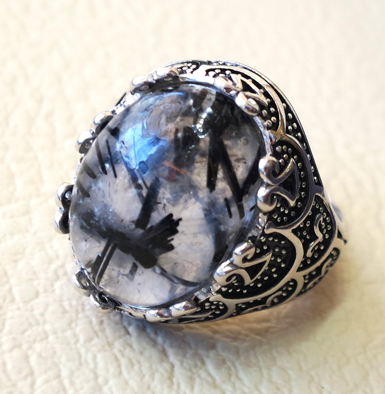 Black Rutile quartz natural stone semi precious oval sterling silver 925 man ring ottoman turkey middle eastern antique style any size