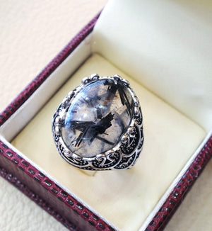 Black Rutile quartz natural stone semi precious oval sterling silver 925 man ring ottoman turkey middle eastern antique style any size