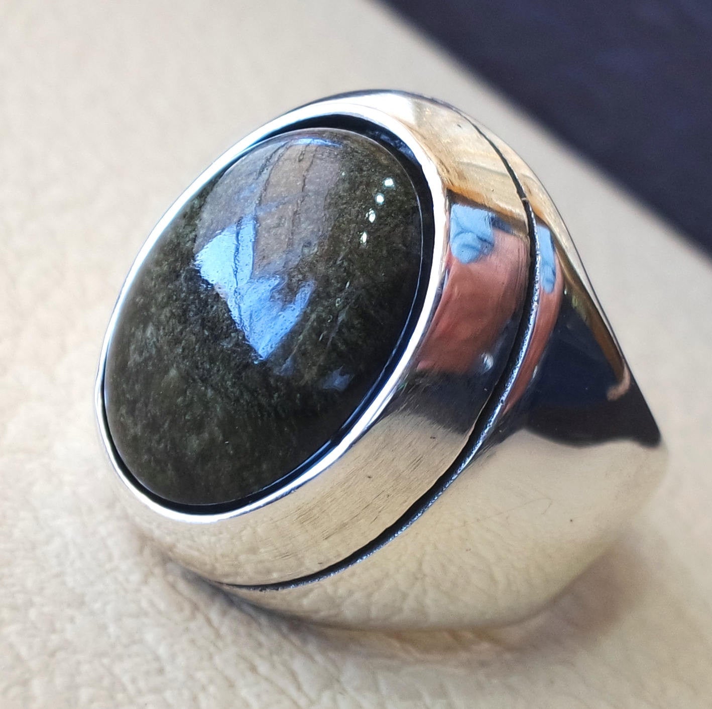 Gold sheen obsidian black aqeeq heavy men ring natural stone sterling silver 925 vintage turkish style all sizes  fast shipping
