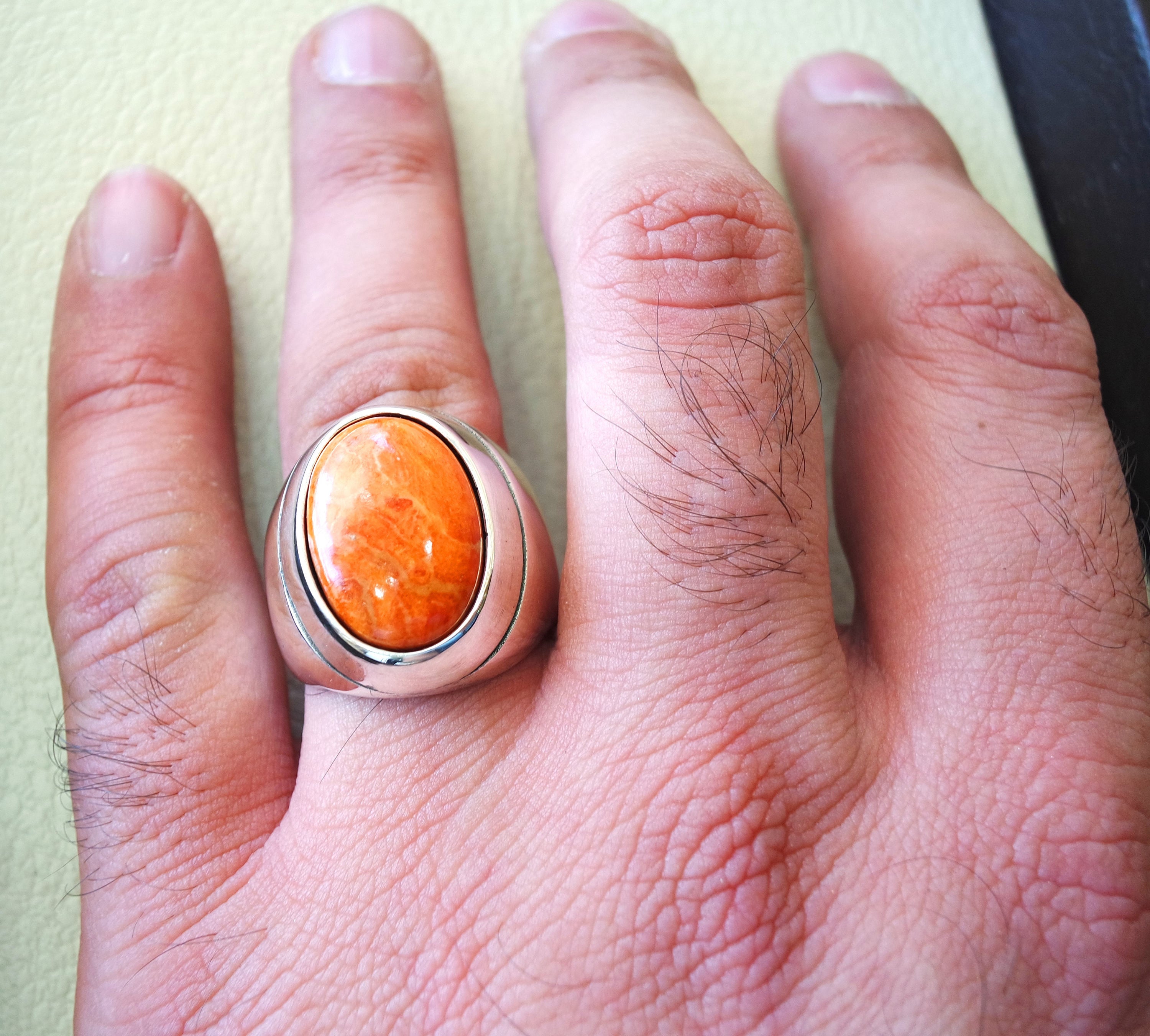 Sponge coral Murjan  heavy men ring orange to red natural stone sterling silver 925 vintage turkish style all sizes  fast shipping مرجان