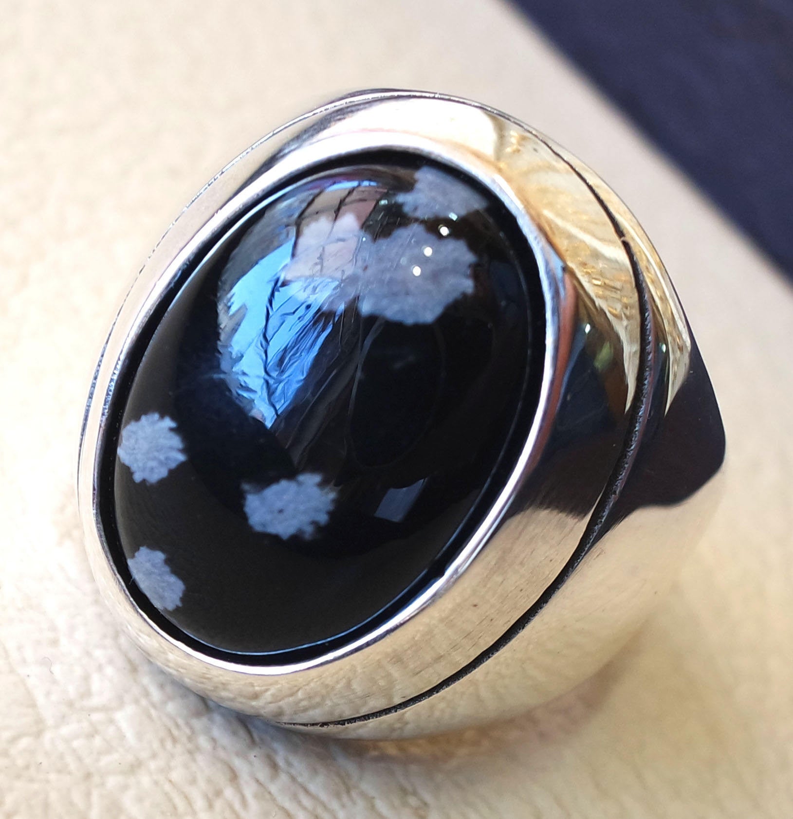 Snowflake obsidian black aqeeq heavy men ring natural stone sterling silver 925 vintage turkish style all sizes  fast shipping