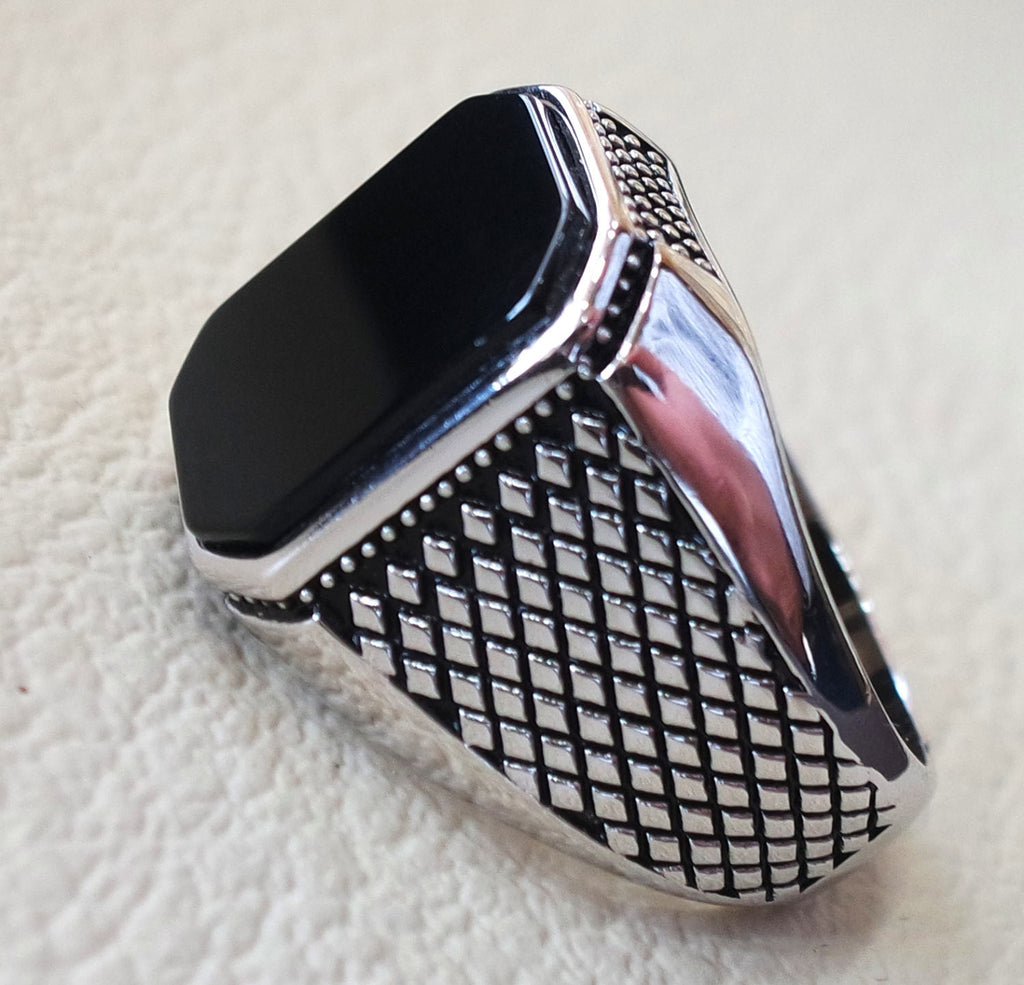 cushion rectangular octagon black onyx agate aqeeq man ring sterling silver 925 natural stone gem all sizes jewelry fast shipping