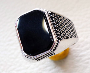 cushion rectangular octagon black onyx agate aqeeq man ring sterling silver 925 natural stone gem all sizes jewelry fast shipping