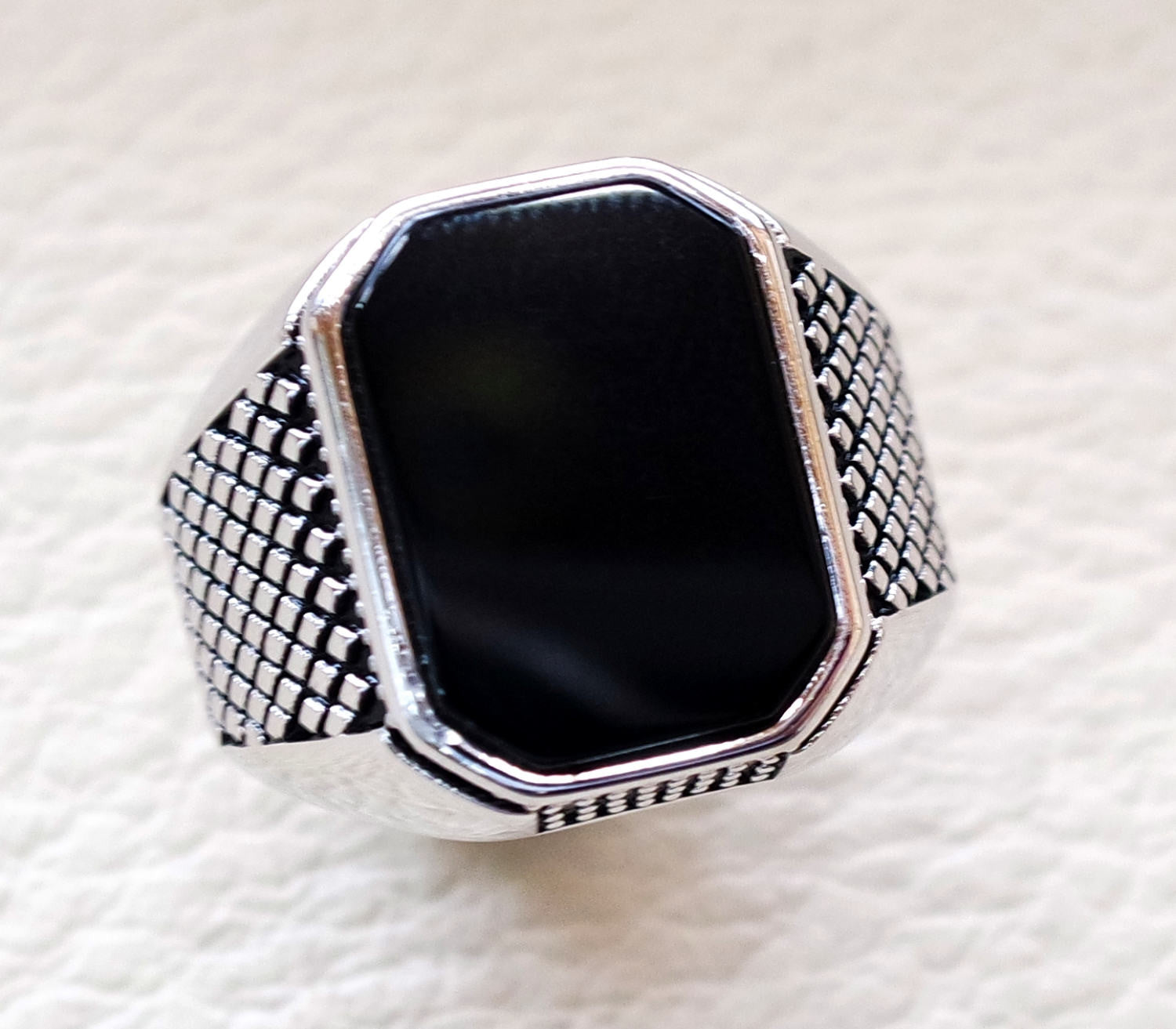 cushion rectangular octagon black onyx agate aqeeq man ring sterling silver 925 natural stone gem all sizes jewelry fast shipping