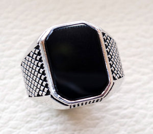 cushion rectangular octagon black onyx agate aqeeq man ring sterling silver 925 natural stone gem all sizes jewelry fast shipping
