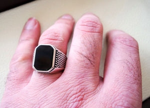 cushion rectangular octagon black onyx agate aqeeq man ring sterling silver 925 natural stone gem all sizes jewelry fast shipping