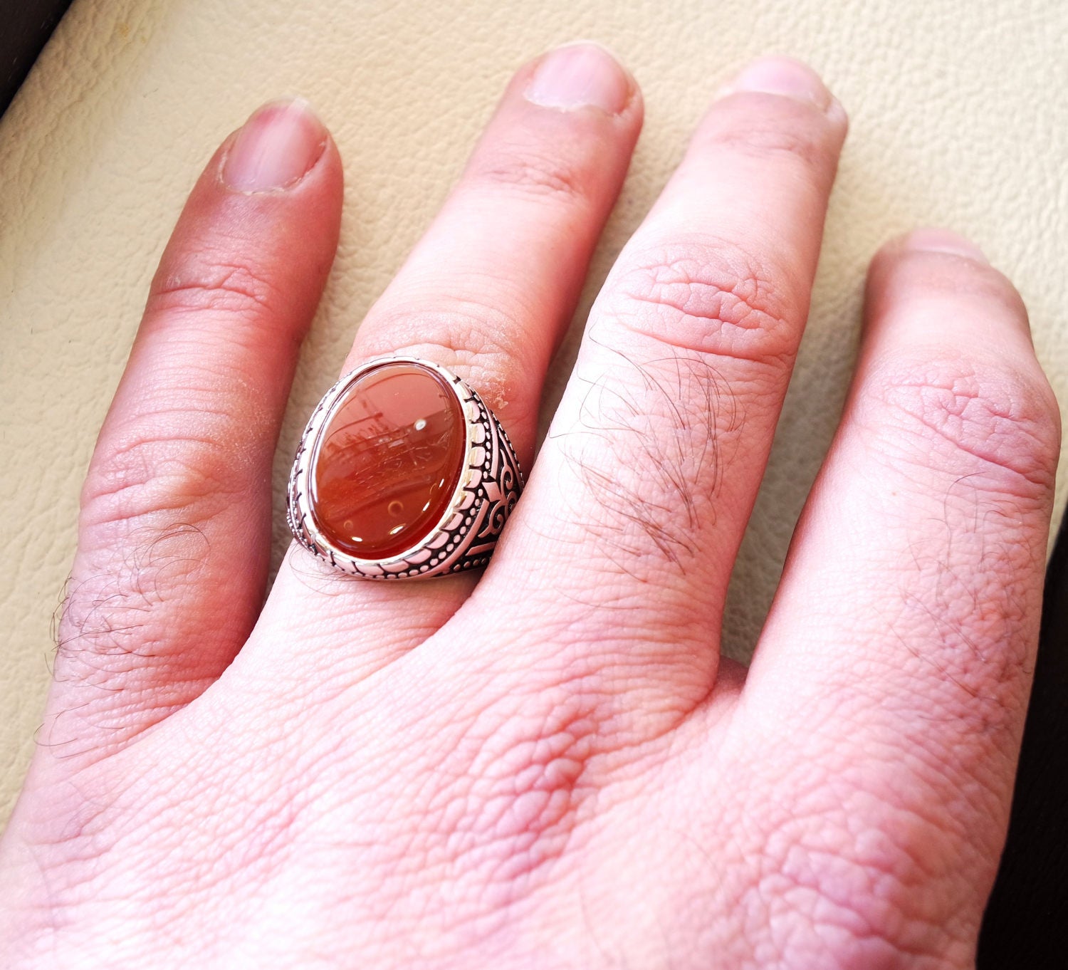 aqeeq natural flat agate carnelian semi precious stone oval red cabochon gem man ring sterling silver 925 arabic middle eastern turkey style