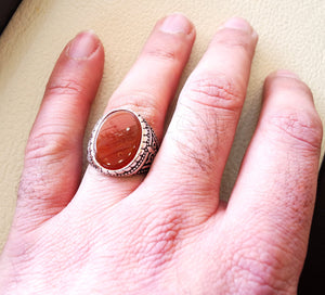 aqeeq natural flat agate carnelian semi precious stone oval red cabochon gem man ring sterling silver 925 arabic middle eastern turkey style
