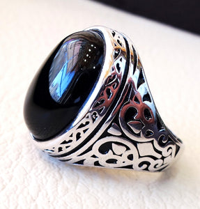 man ring sterling silver 925 all sizes onyx natural agate semi precious cabochon black gem arabic turkey antique middle eastern jewelry