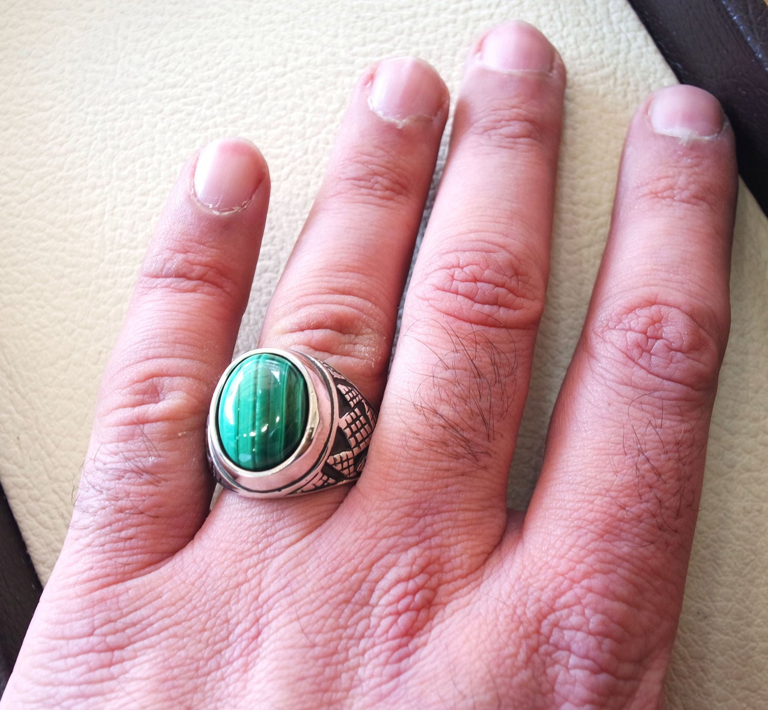 malachite natural green stone sterling silver 925 man ring jewelry eastern turkish arabic style oval semi precious cabochon striped gem