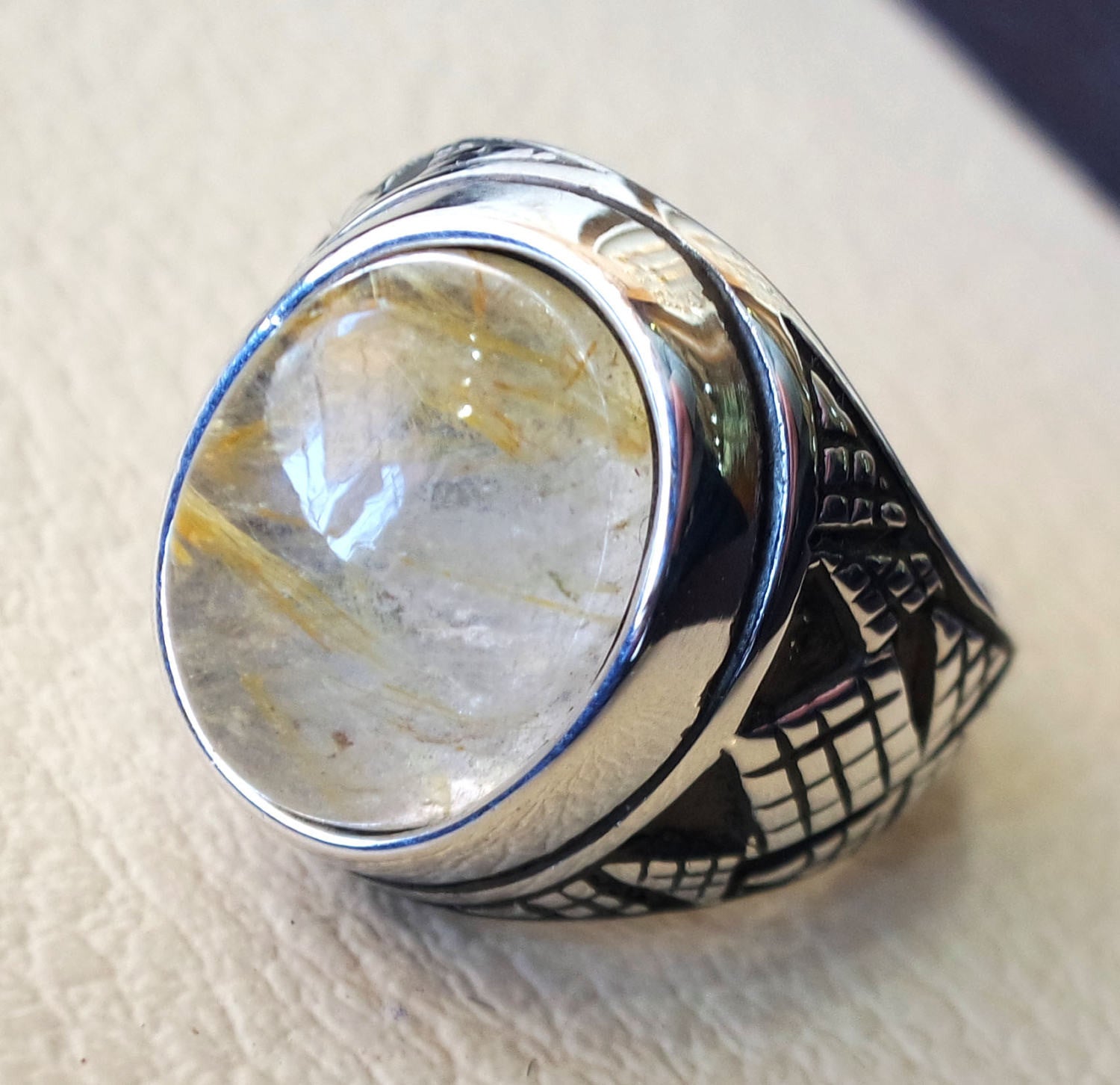 Rutile quartz natural stone semi preciousoval cabochon sterling silver 925 man ring ottoman turkey middle eastern antique style any size
