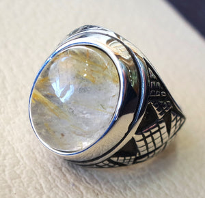Rutile quartz natural stone semi preciousoval cabochon sterling silver 925 man ring ottoman turkey middle eastern antique style any size