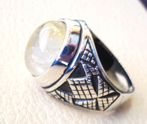 Rutile quartz natural stone semi preciousoval cabochon sterling silver 925 man ring ottoman turkey middle eastern antique style any size
