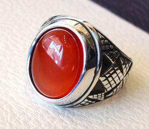 aqeeq carnelian agate cabochon oval red stone sterling silver 925 men ring arabic turkish middle eastern ottoman style jewelry any size