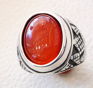 aqeeq carnelian agate cabochon oval red stone sterling silver 925 men ring arabic turkish middle eastern ottoman style jewelry any size