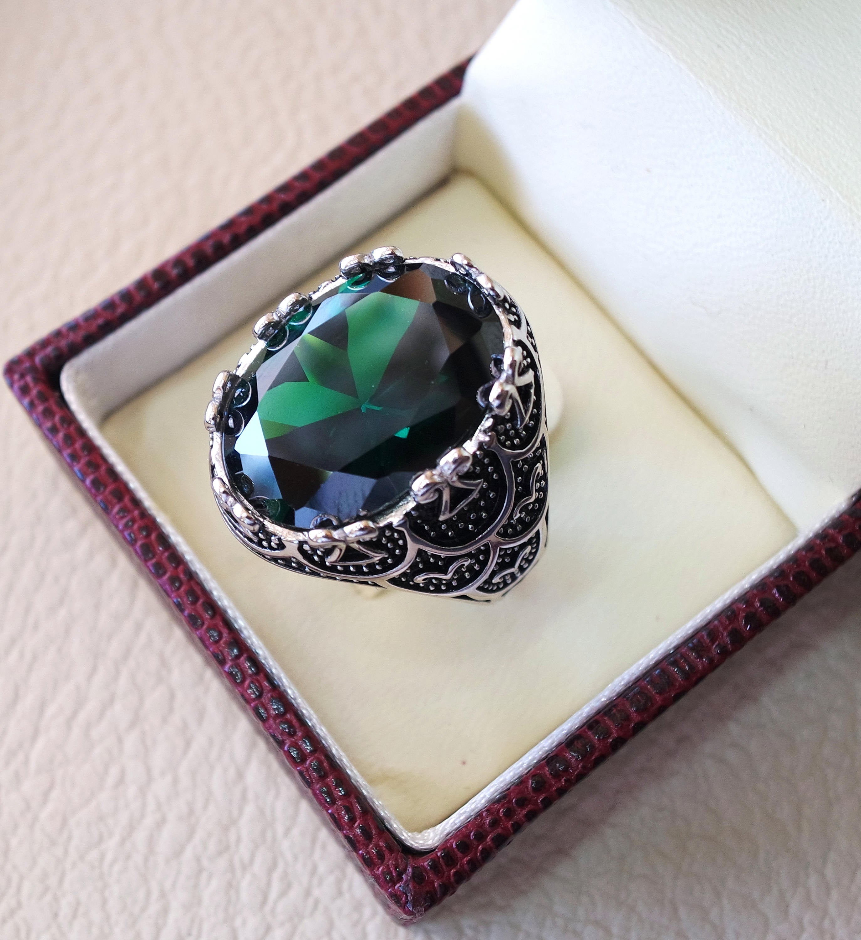 corundum green emerald synthetic stone high quality imitation  color huge heavy men ring sterling silver 925 any size ottoman jewelry