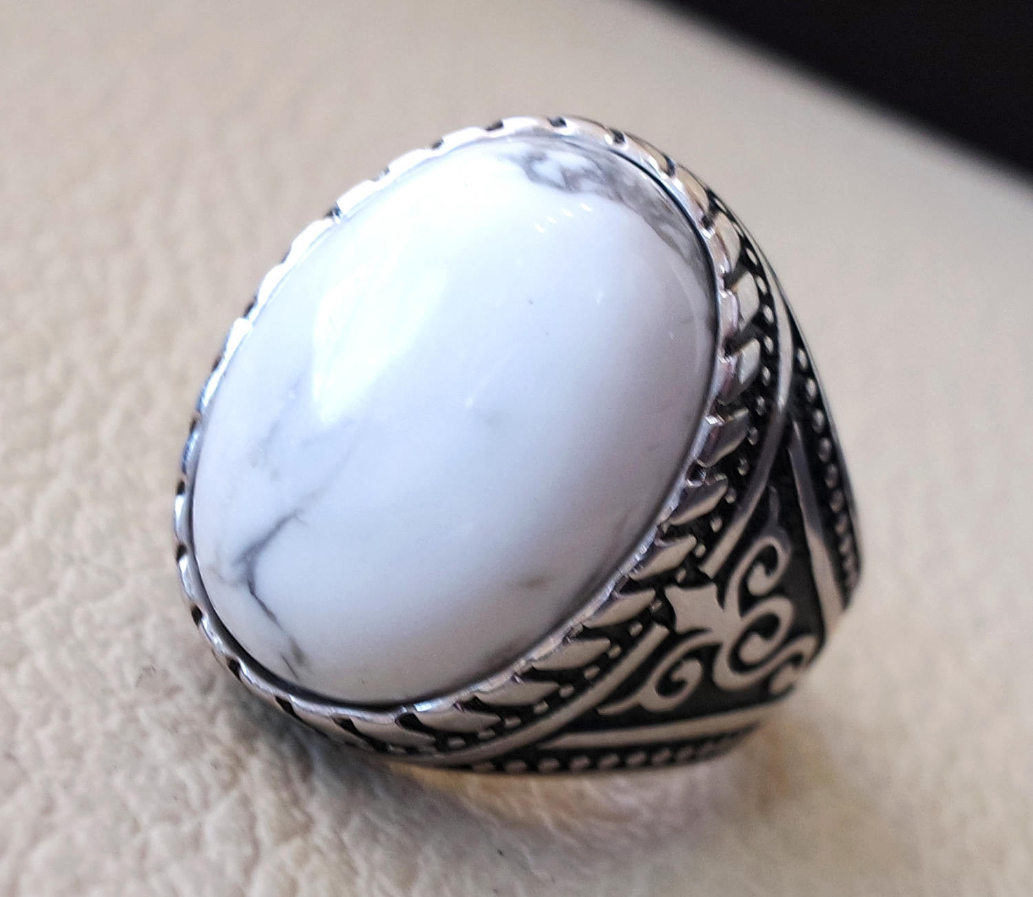 men ring white turquoise howalite  natural agate oval cabochon stone sterling silver 925 all sizes antique ottoman jewelry fast shipping