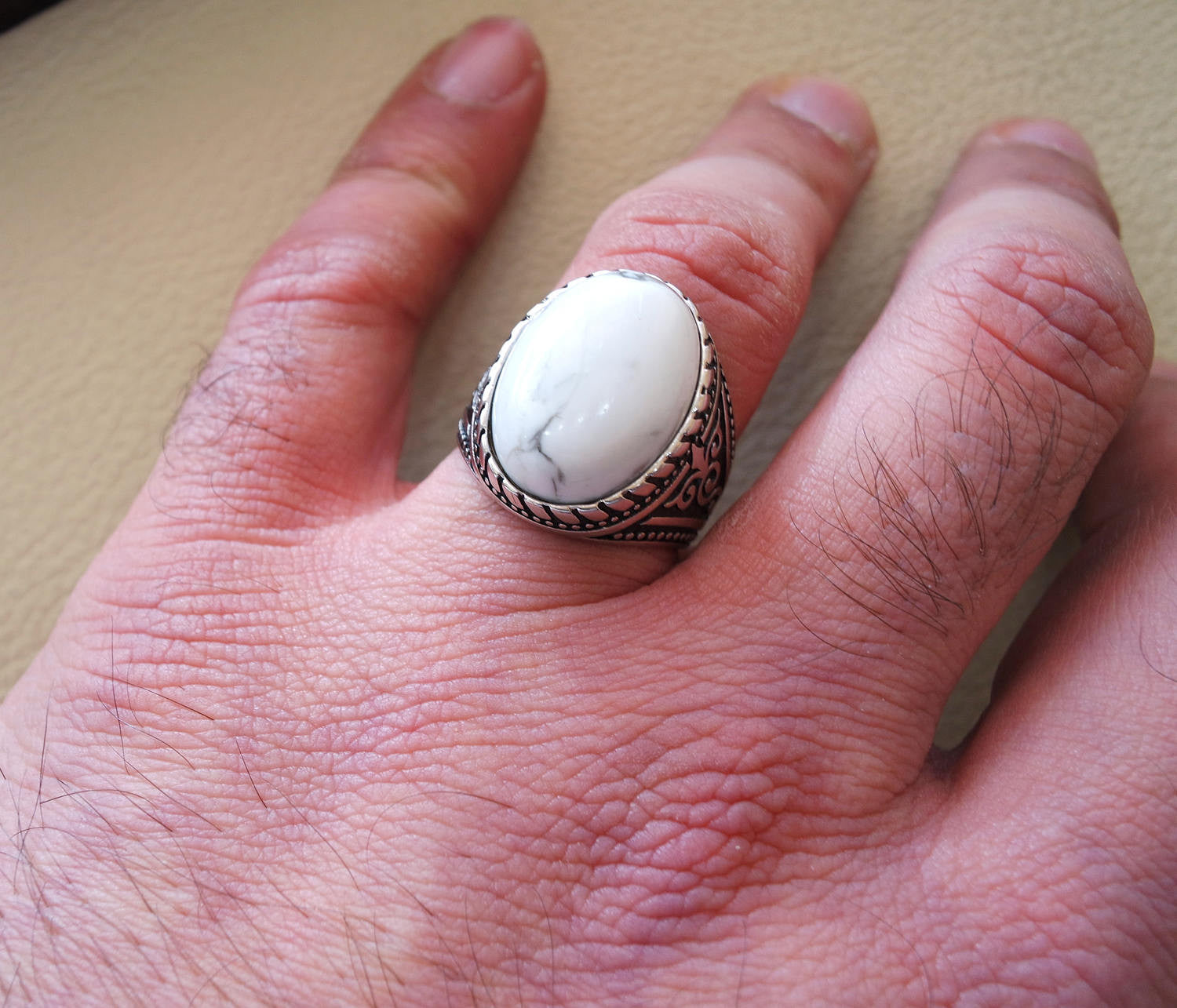 men ring white turquoise howalite  natural agate oval cabochon stone sterling silver 925 all sizes antique ottoman jewelry fast shipping