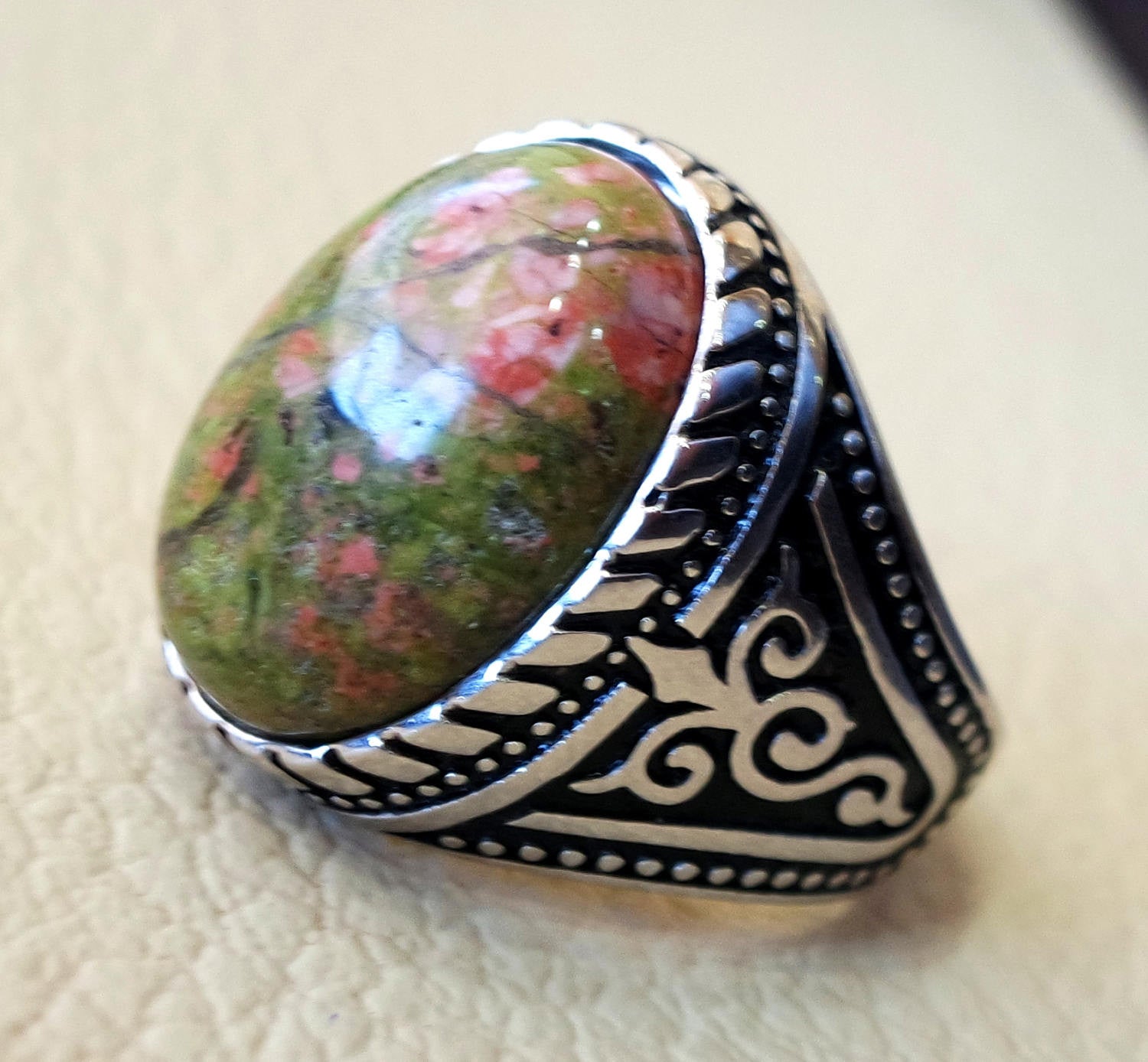 unakite men ring natural multi color stone oval cabochon sterling silver 925 high quality orange green pink semi precious jewelry