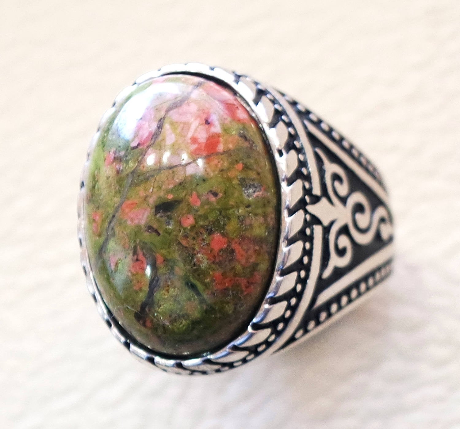 unakite men ring natural multi color stone oval cabochon sterling silver 925 high quality orange green pink semi precious jewelry