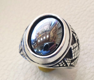 sterling silver 925 heavy man ring hematite natural semi precious shinning gray  all sizes antique middle eastern vintage style jewelry