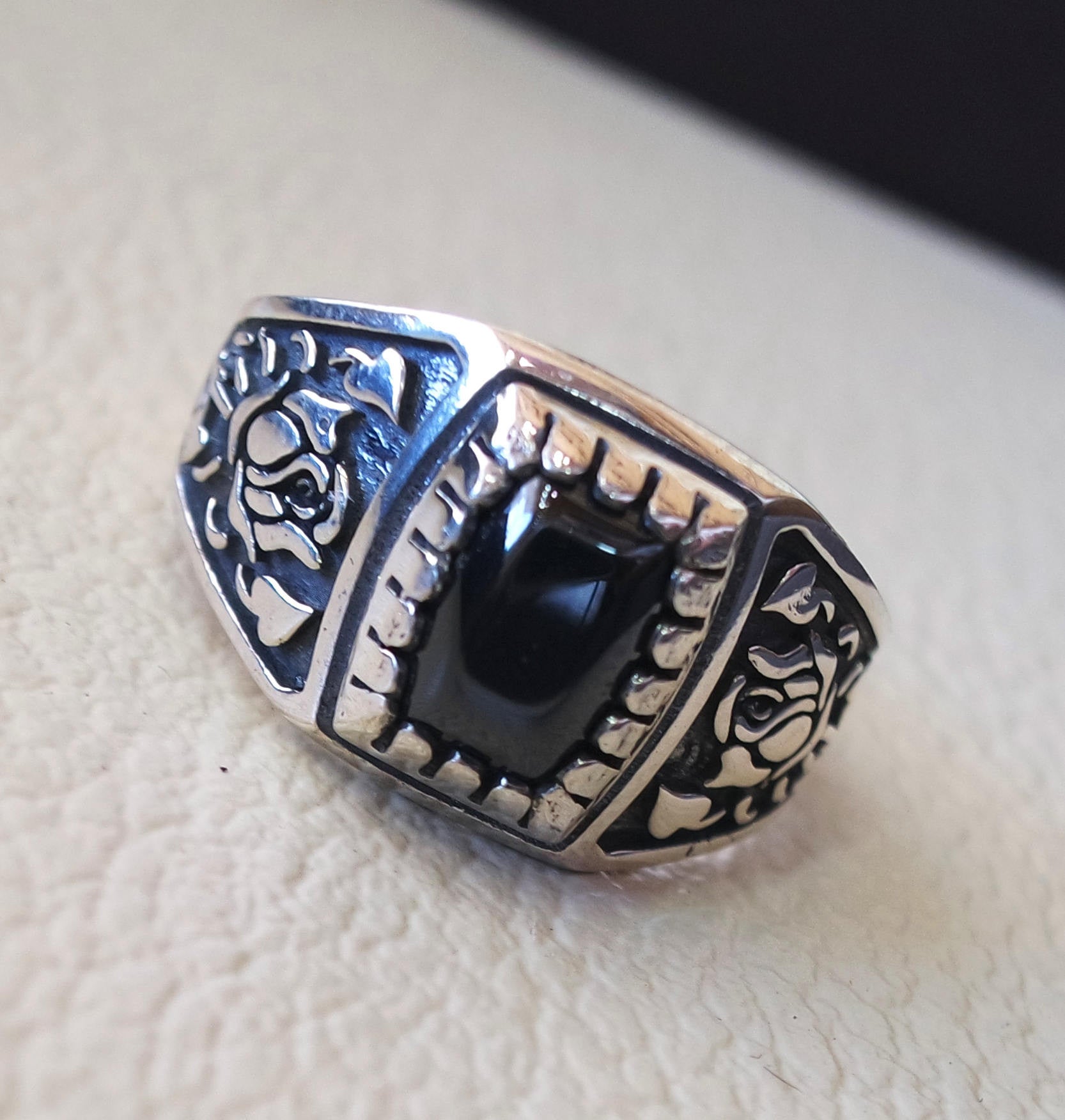 cushion small pinkie  black  onyx stone sterling silver 925 simple man ring jewelry any size middle eastern antique style fast shipping