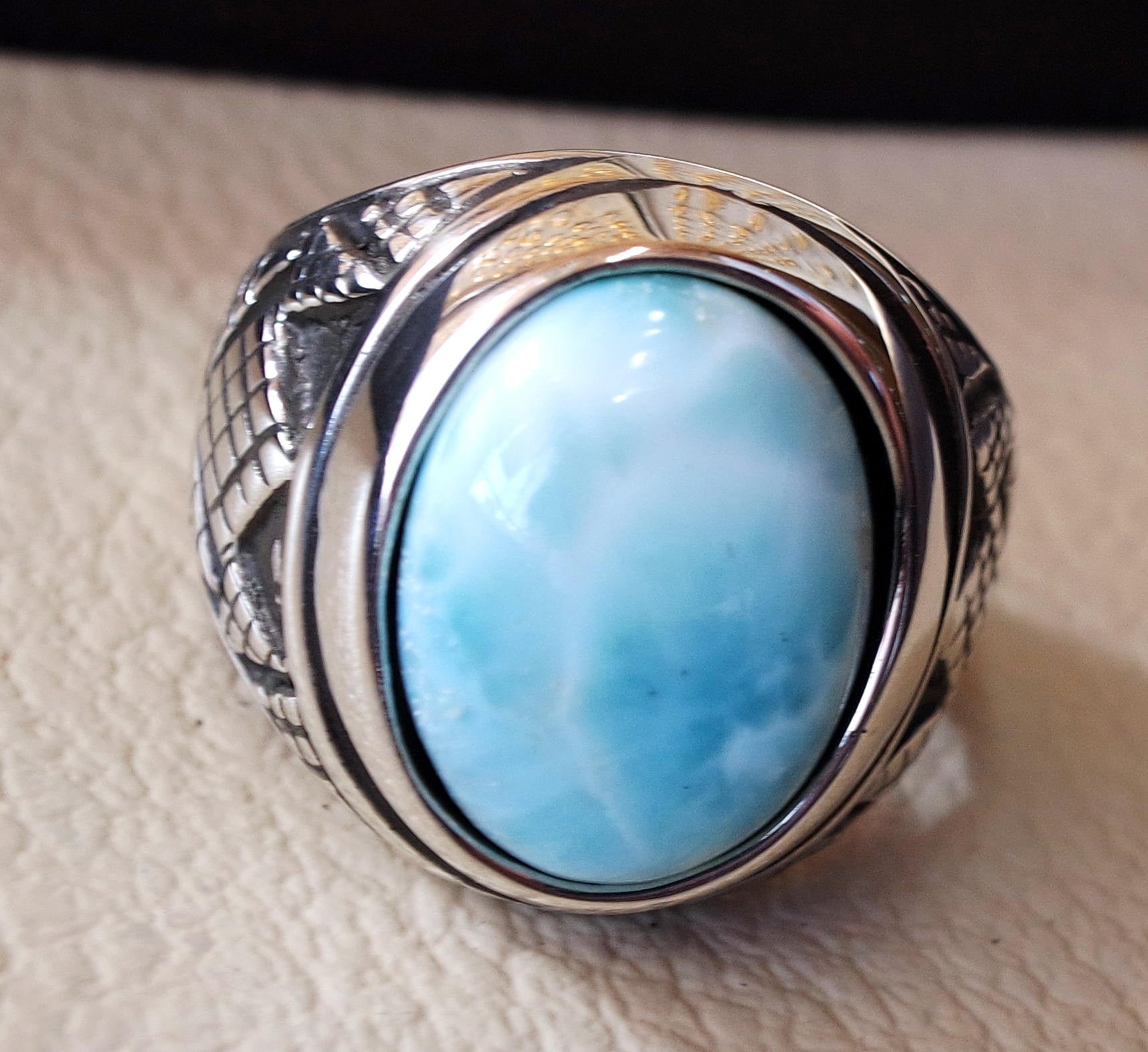 Dominican larimar blue natural stone ring sterling silver 925 men jewelry all sizes semi precious gem highest quality middle eastern style