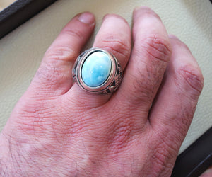 Dominican larimar blue natural stone ring sterling silver 925 men jewelry all sizes semi precious gem highest quality middle eastern style
