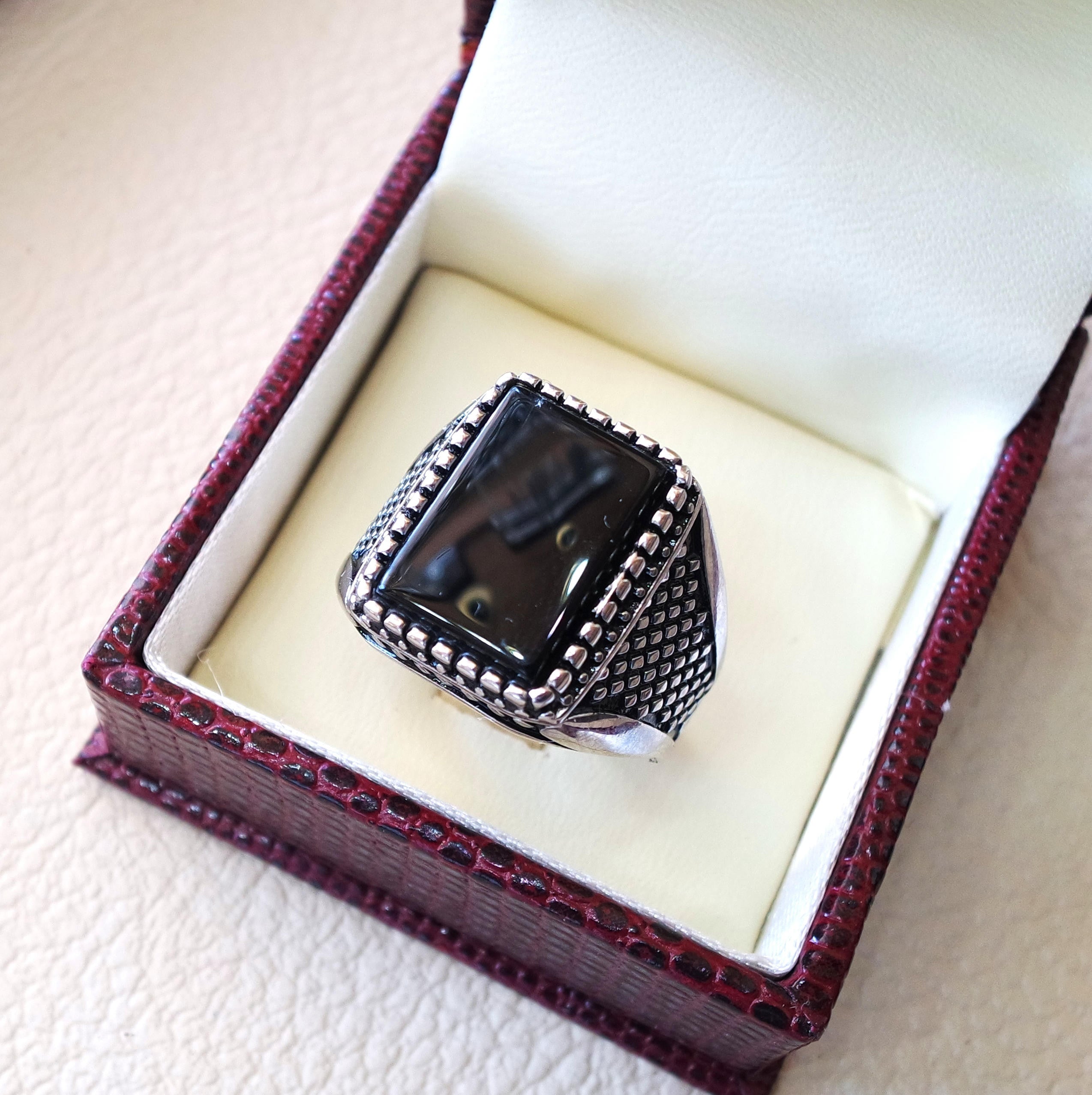 Black aqeeq ring Rectangular silver onyx flat natural semi precious agate gemstone men sterling silver 925 jewelry all sizes fast shipping