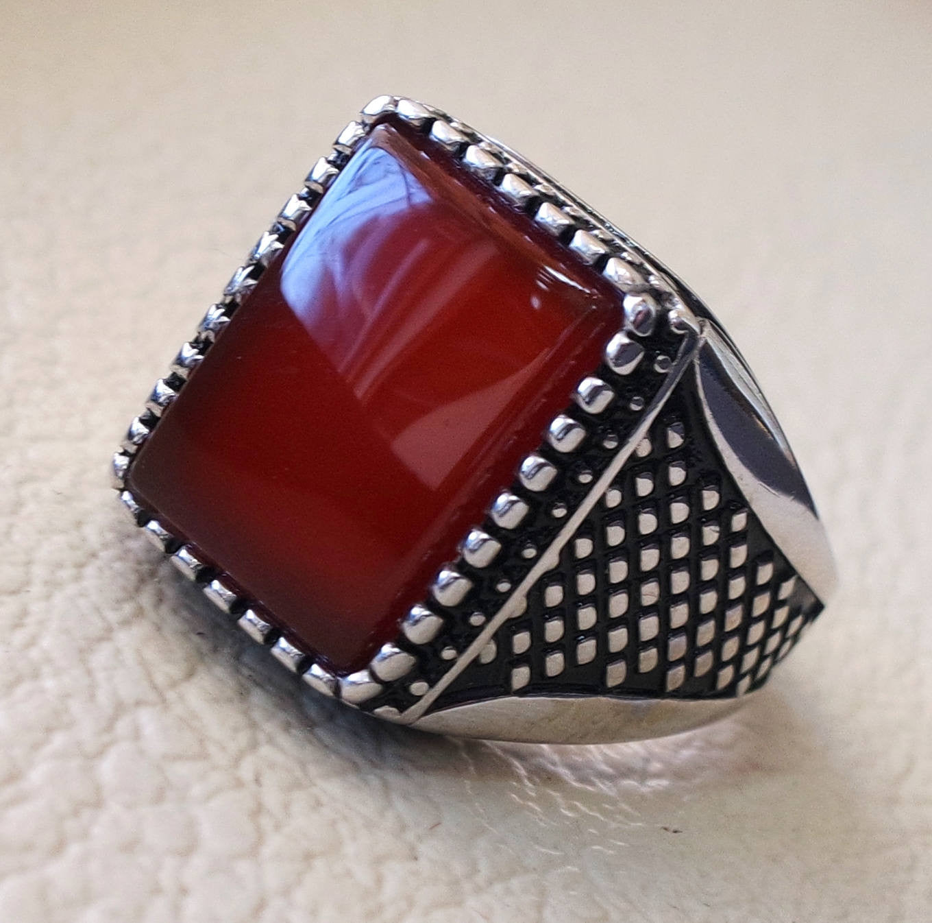 Men ring rectangular silver aqeeq flat natural semi precious agate carnelian gemstone  sterling silver 925 jewelry all sizes fast shipping
