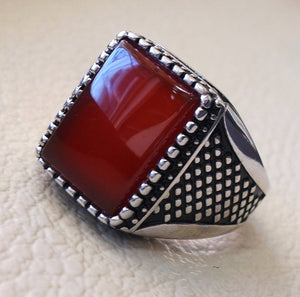 Men ring rectangular silver aqeeq flat natural semi precious agate carnelian gemstone  sterling silver 925 jewelry all sizes fast shipping