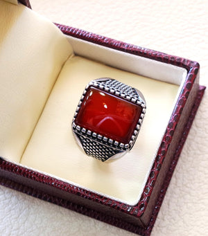 Men ring rectangular silver aqeeq flat natural semi precious agate carnelian gemstone  sterling silver 925 jewelry all sizes fast shipping