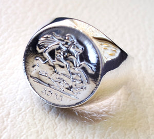 English silver coin heavy man ring round sterling silver 925 historical British replica quarter coin size close back all sizes jewelry
