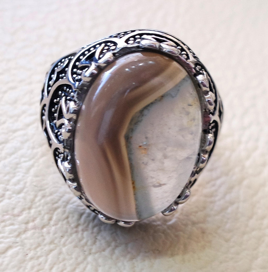 Botswana agate natural yamani semi precious two color high quality aqeeq stone men ring sterling silver 925 all sizes jewelry fast shipping